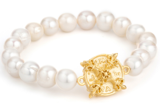 SINGLE STRAND WHITE PEARLS WITH X MEDALLION