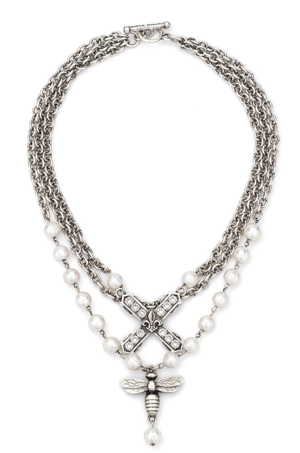 Triple Strand Pearls with Silver Wire and Chain Crystal Necklace